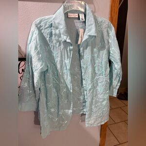 Pursuits Ltd Sheer Button Down Collar Embroidered Blouse Shirt Turquoise NWT M